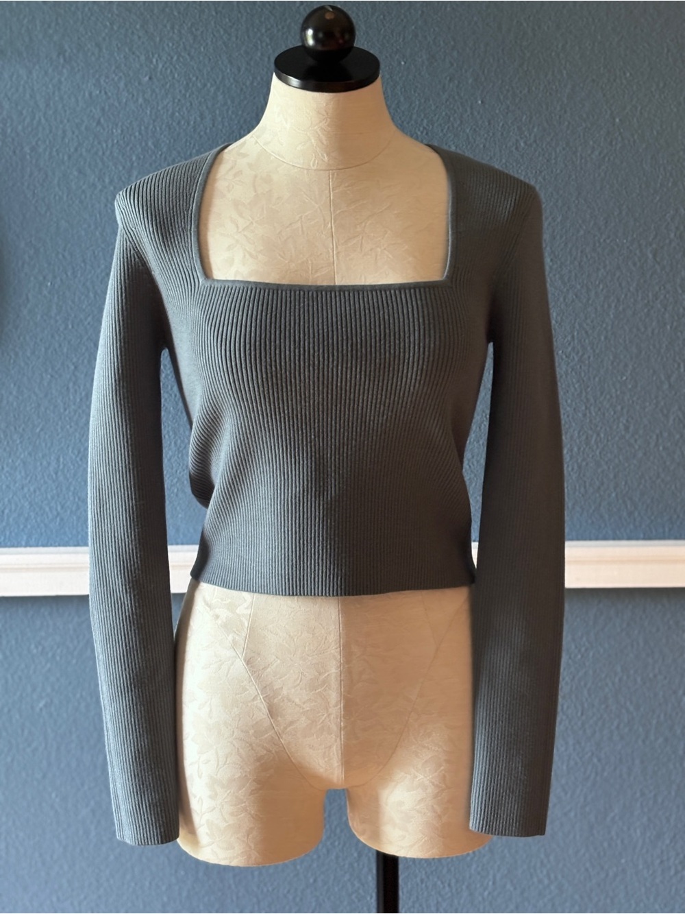 Open Edit Luxe Sculpt Square Neck Long Sleeve Top in Blue Weather NWT - Picture 2 of 6